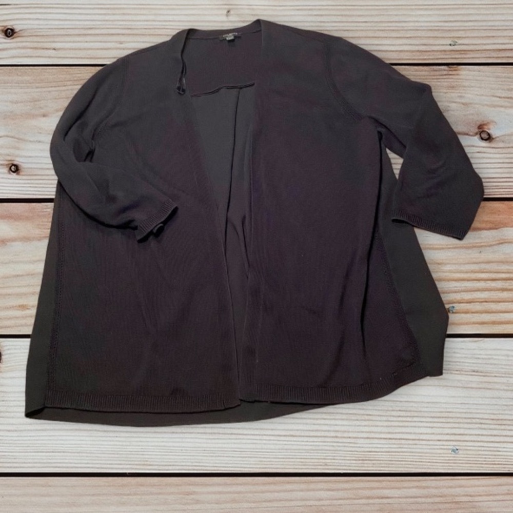 TALBOTS MIXED MEDIA BLACK OPEN FRONT CARDIGAN KNIT WITH SILKY PLEATED RAYON BACK